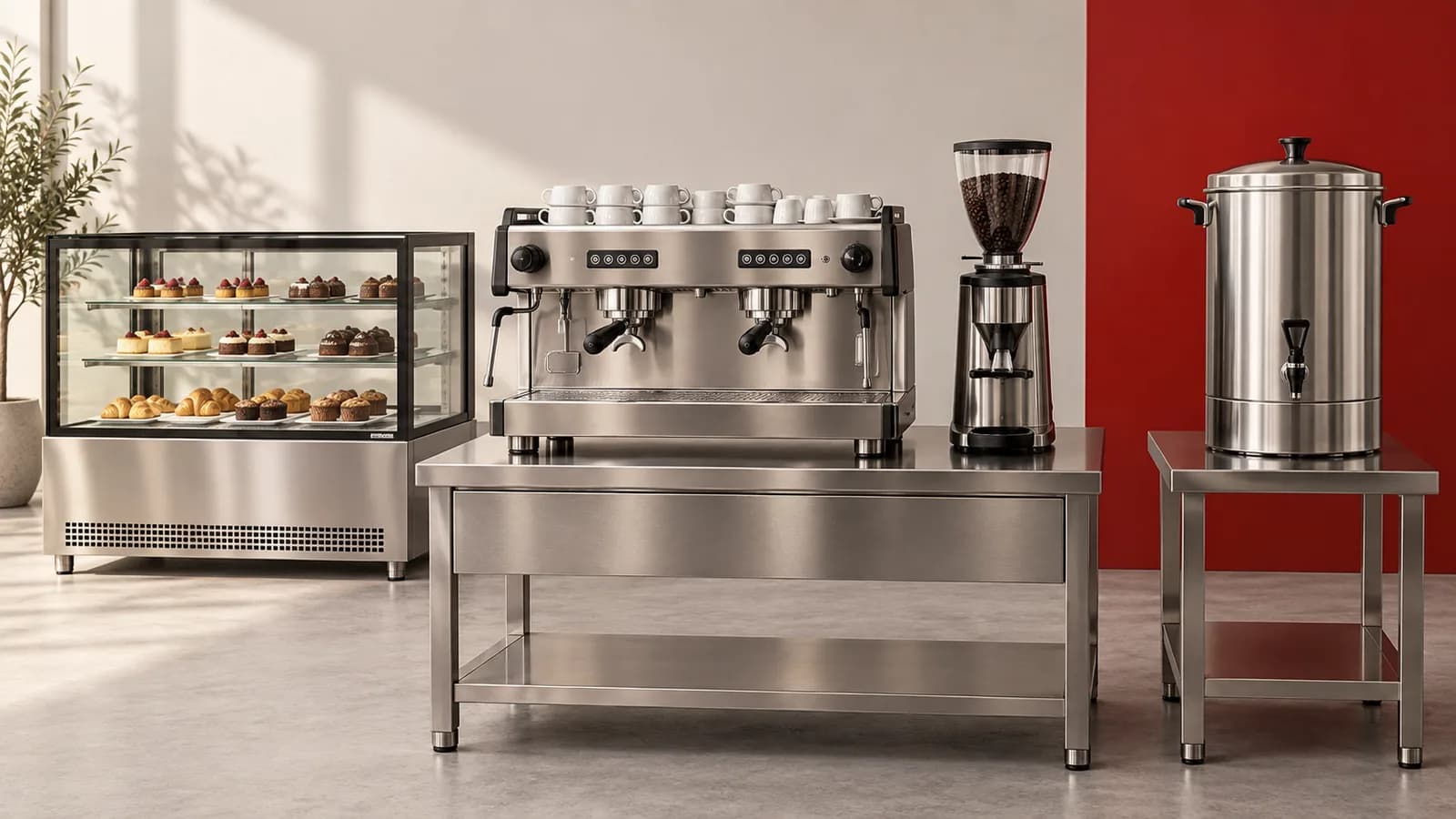 Temsili tanıtım görseli: iki gruplu espresso makinesi, kahve değirmeni, musluklu çay kazanı ve camlı pasta teşhir ünitesi