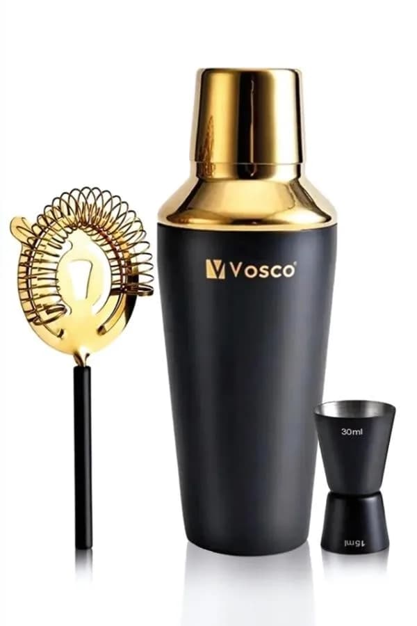 Vosco 3 Parça Paslanmaz Çelik Kokteyl Shaker Seti (Gold)